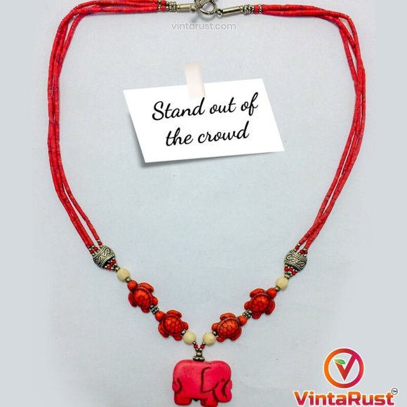 Beaded Multilayer Necklace With Dangling Elephant Shape Pendant - Picture 4 of 6